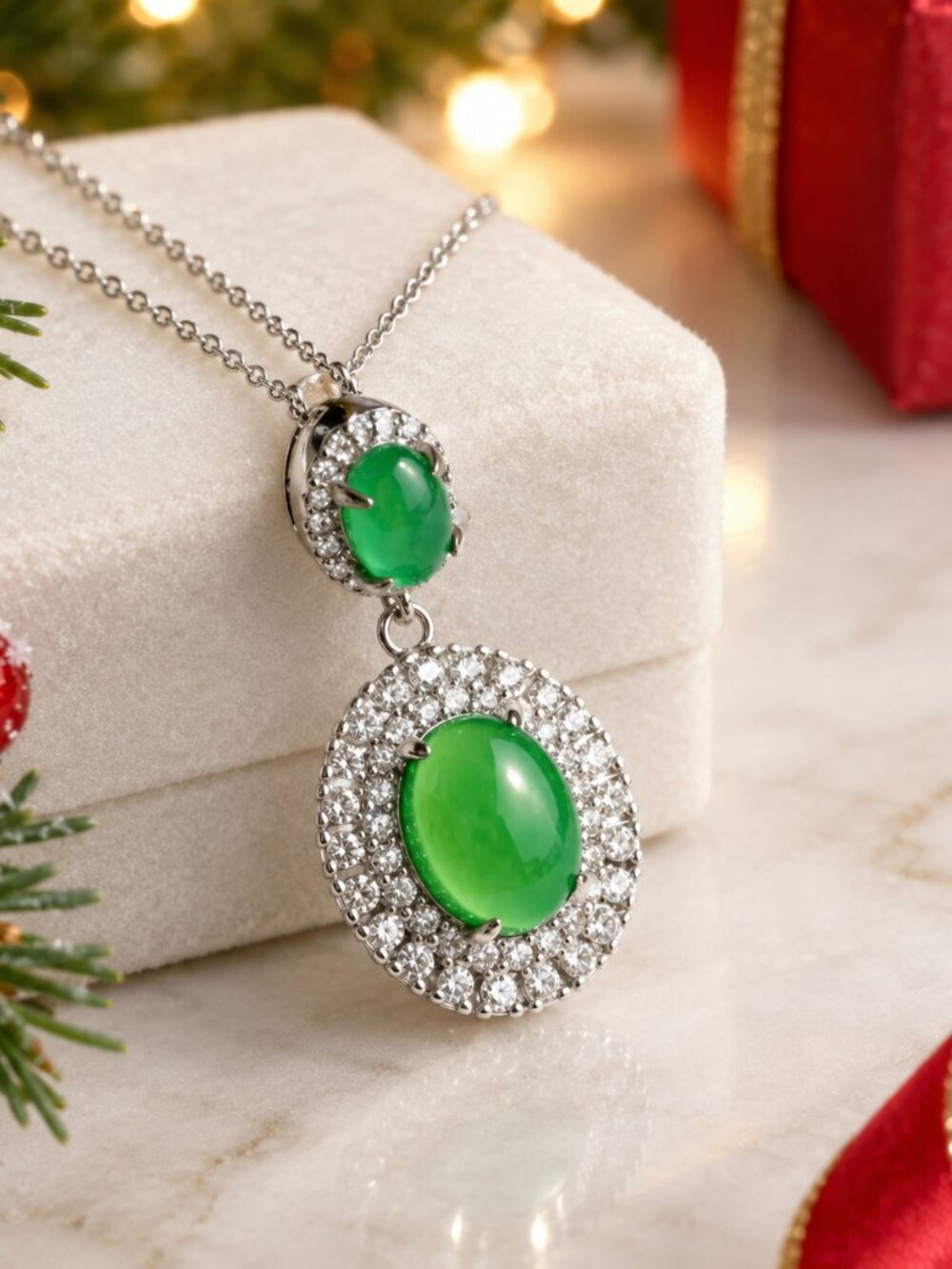 Green Chalcedony CZ Halo Pendant Necklace sterling silver